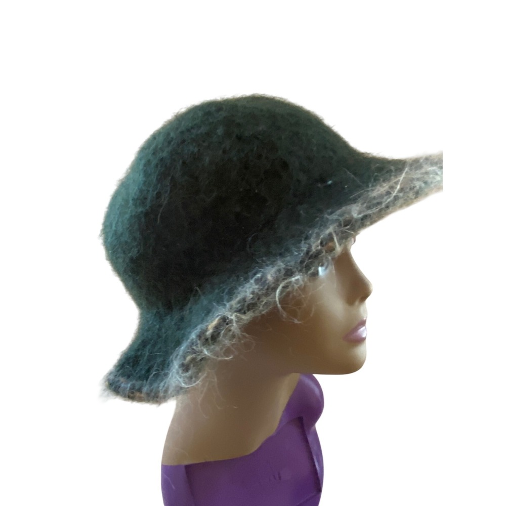 Sam Spun Forest Green Mohair Wool Blend Fuzzy Knit Bucket Hat Cloche Winter